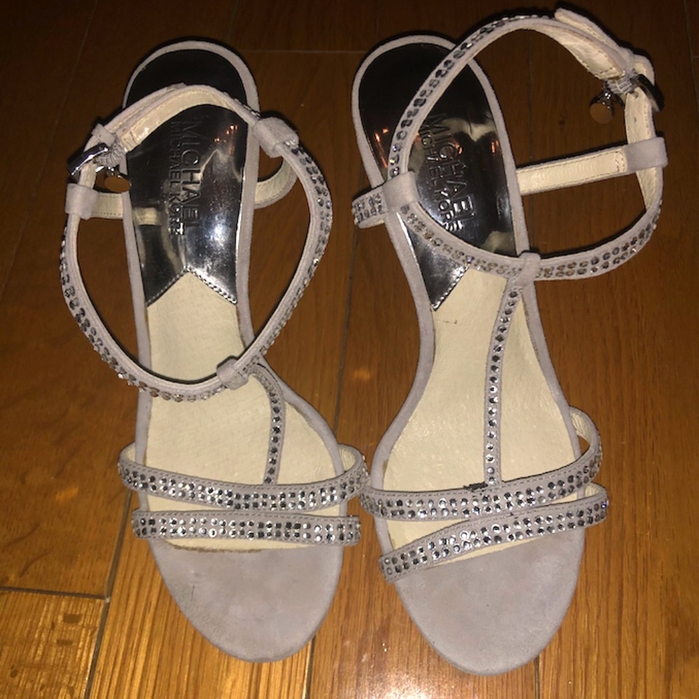 Michael Kors Grey Suede Rhinestone Strappy Heels Size 7